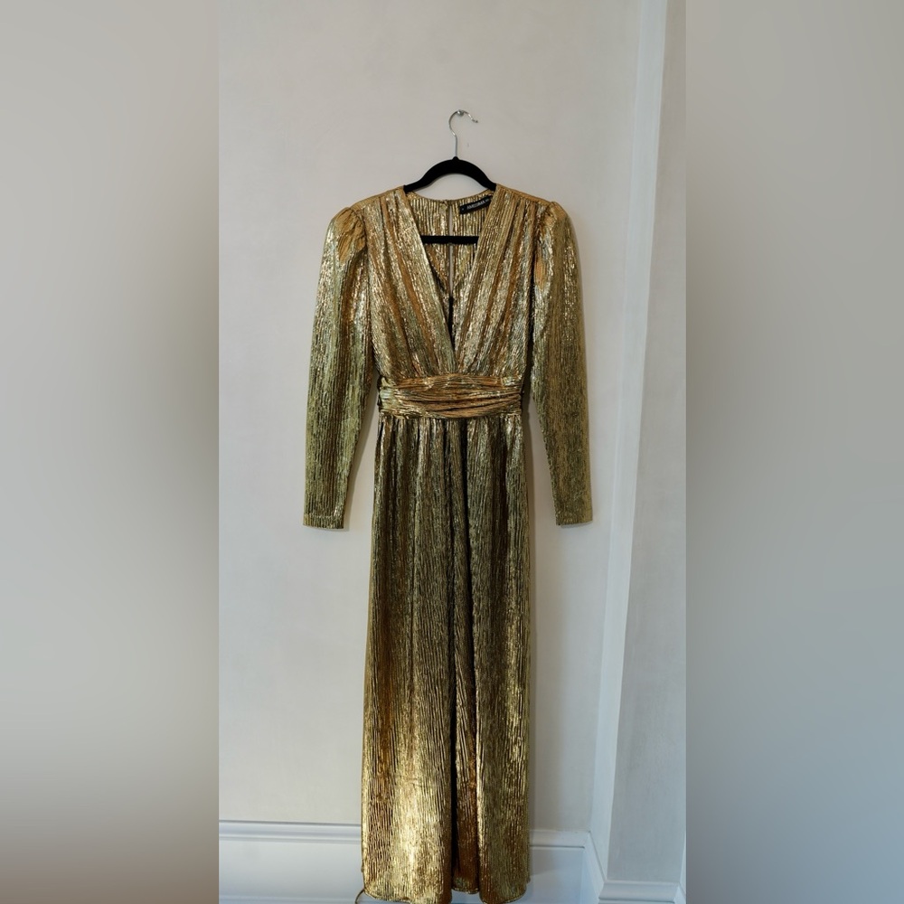 Gold Metallic Long Sleeve V-Neck Jumpsuit with Waist Detail
